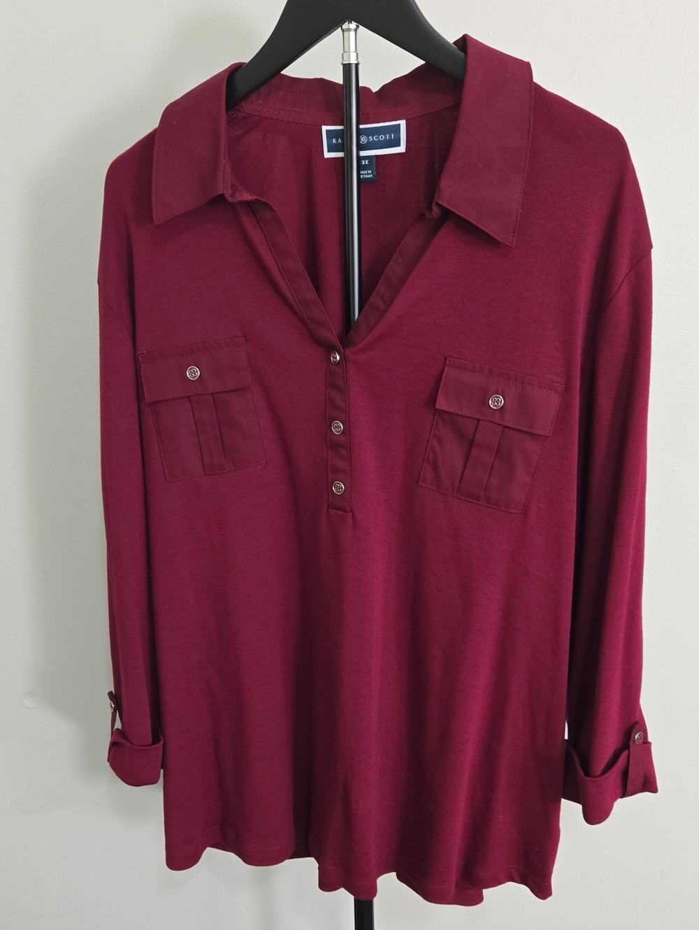 Karen Scott Burgundy Button-Front Long Sleeve Shirt